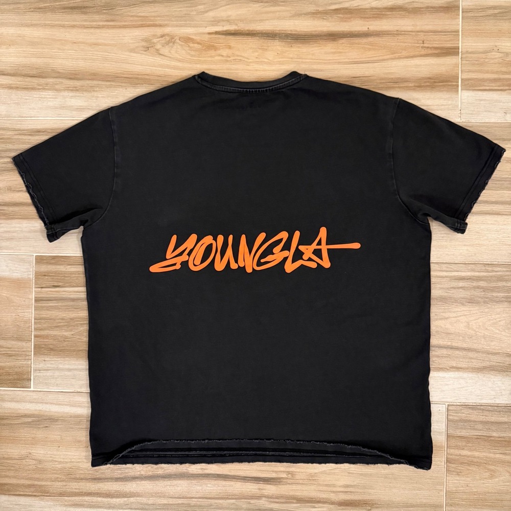 YoungLA Mens Washed Black Orange Graphic Tee Model 431 Raw Hem Shirt Size M - Picture 3 of 8